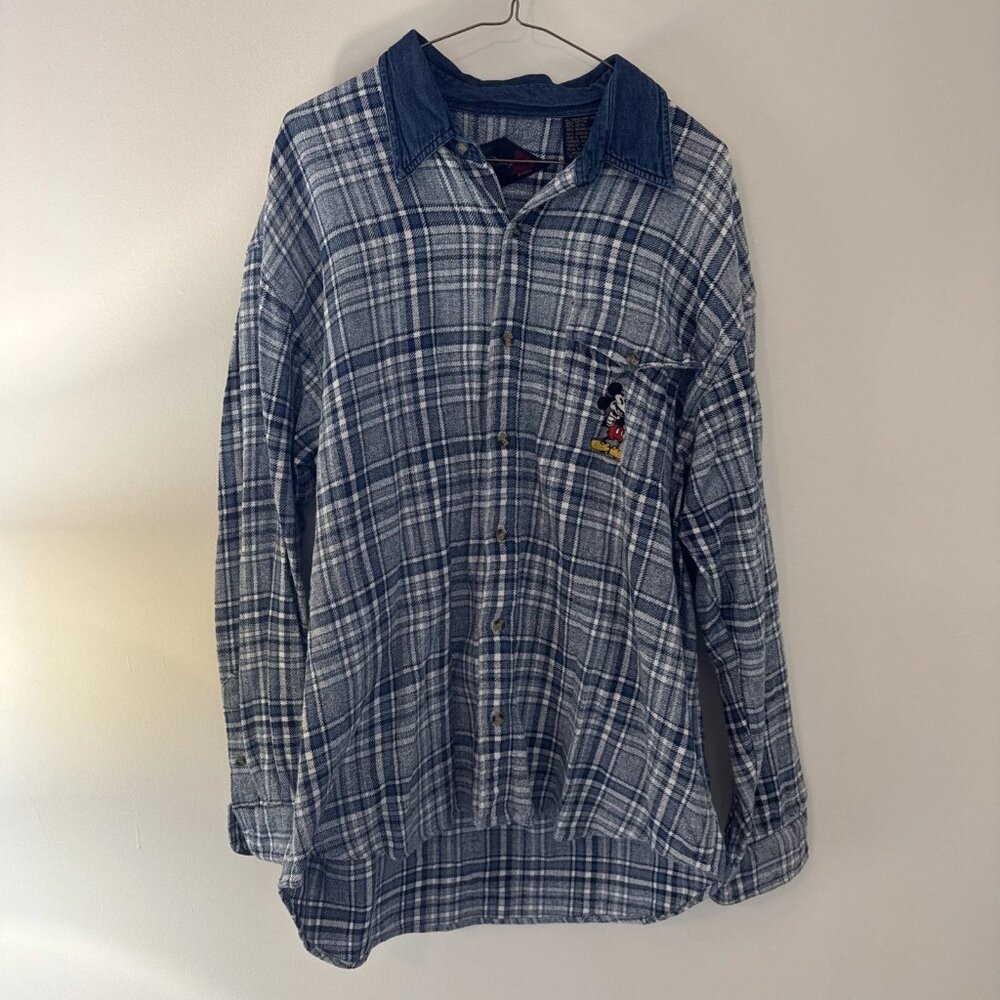 The Disney Store Mens XL Mickey Mouse Flannel Blue Plaid Long Sleeve Vintage